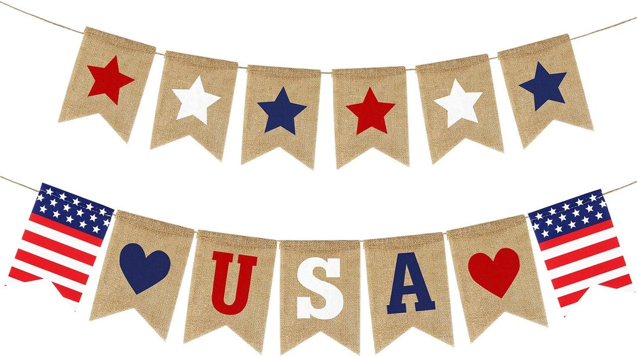 USA Banner Burlap 4th of July Decorations Rustic Patriotic Banner (White)